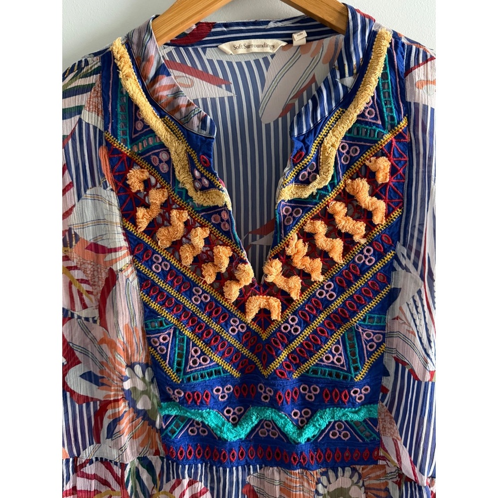 Soft Surroundings Tory Top Blue Floral Sheer Boho Embroidered Pom Pom Tunic 3X - Picture 4 of 11